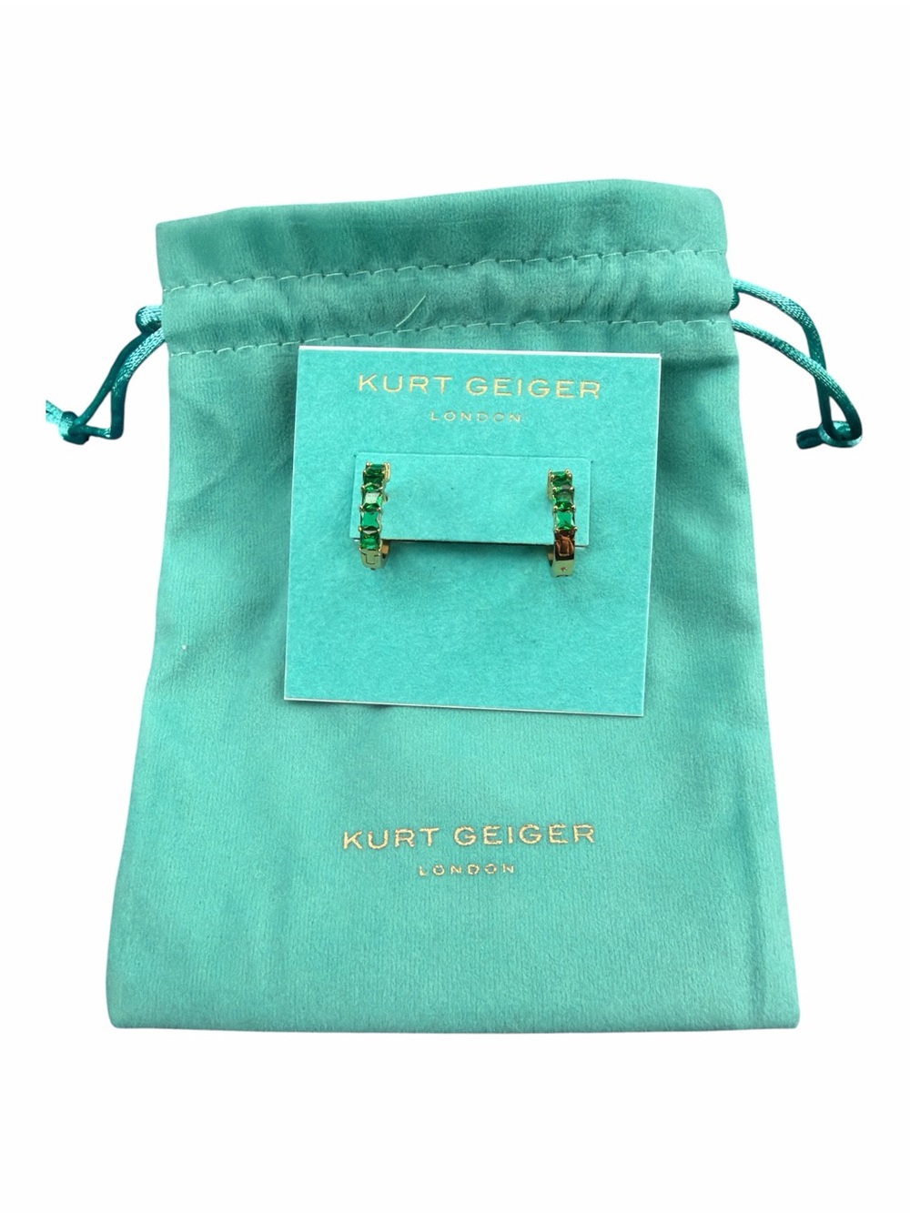NWT Kurt Geiger London Green Crystal Huggie Hoop Earrings w/ Pouch